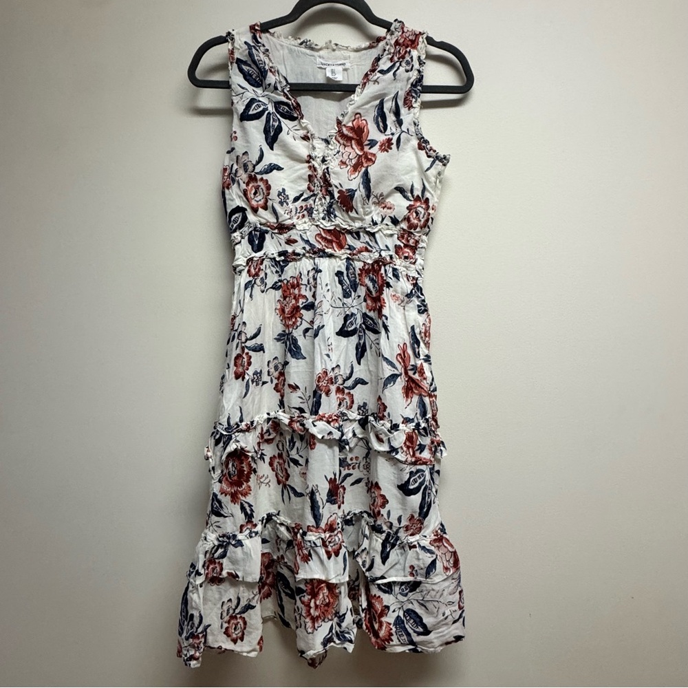 Lucky Brand White Midi Dress with Red and Navy Floral Print EUC